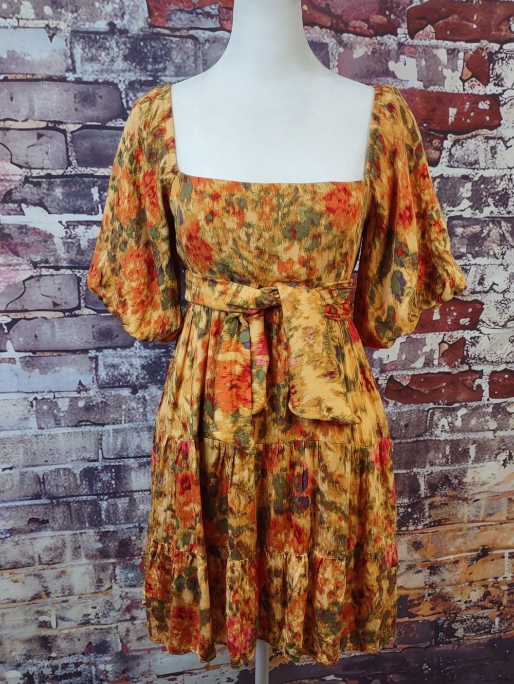 Olivaceous Blurred Floral Print Tiered Square-Neck Mini Dress